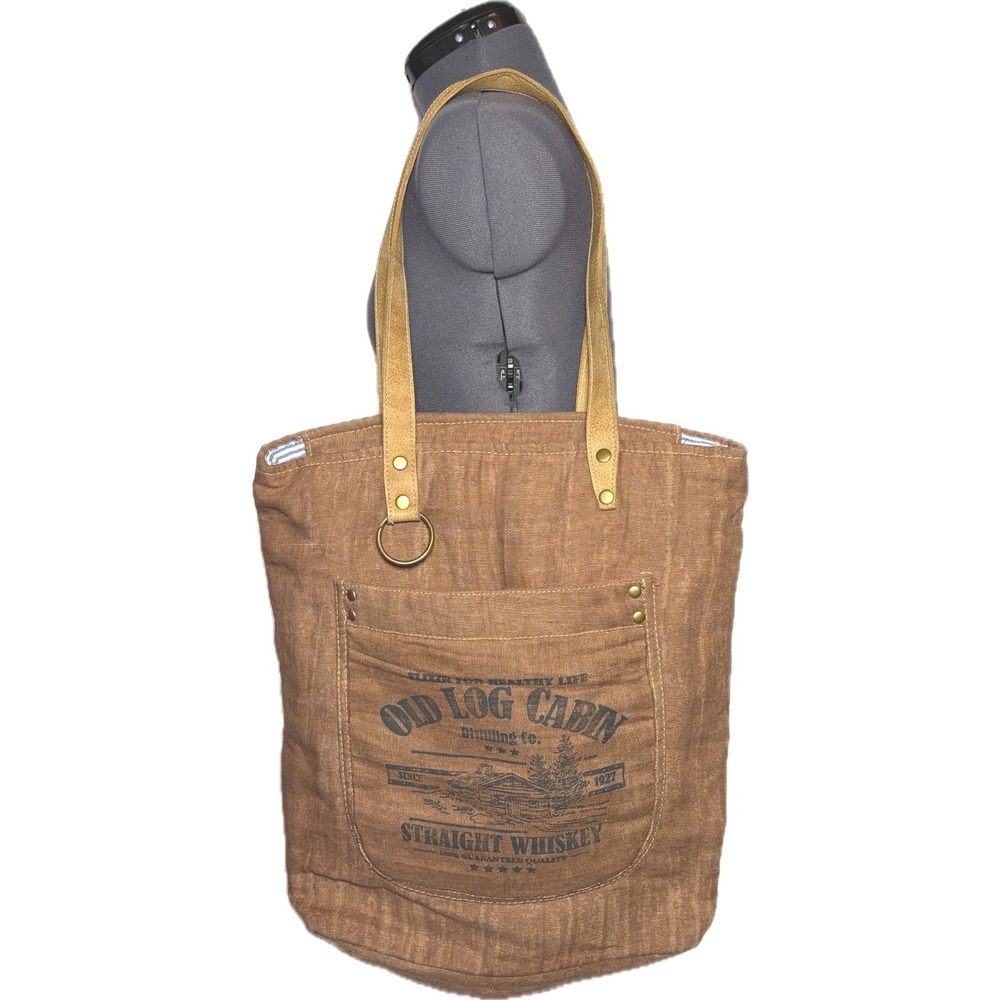 Whiskey Label Canvas Tote Bag Leather Strap Brass Boho Rustic Farmhouse Shoulder